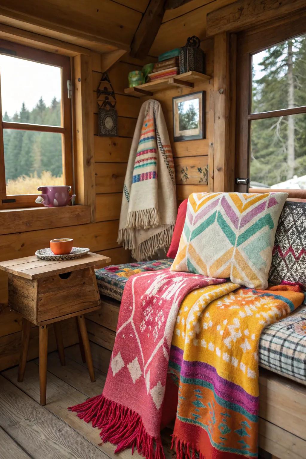 Bright textiles add a splash of color and comfort.