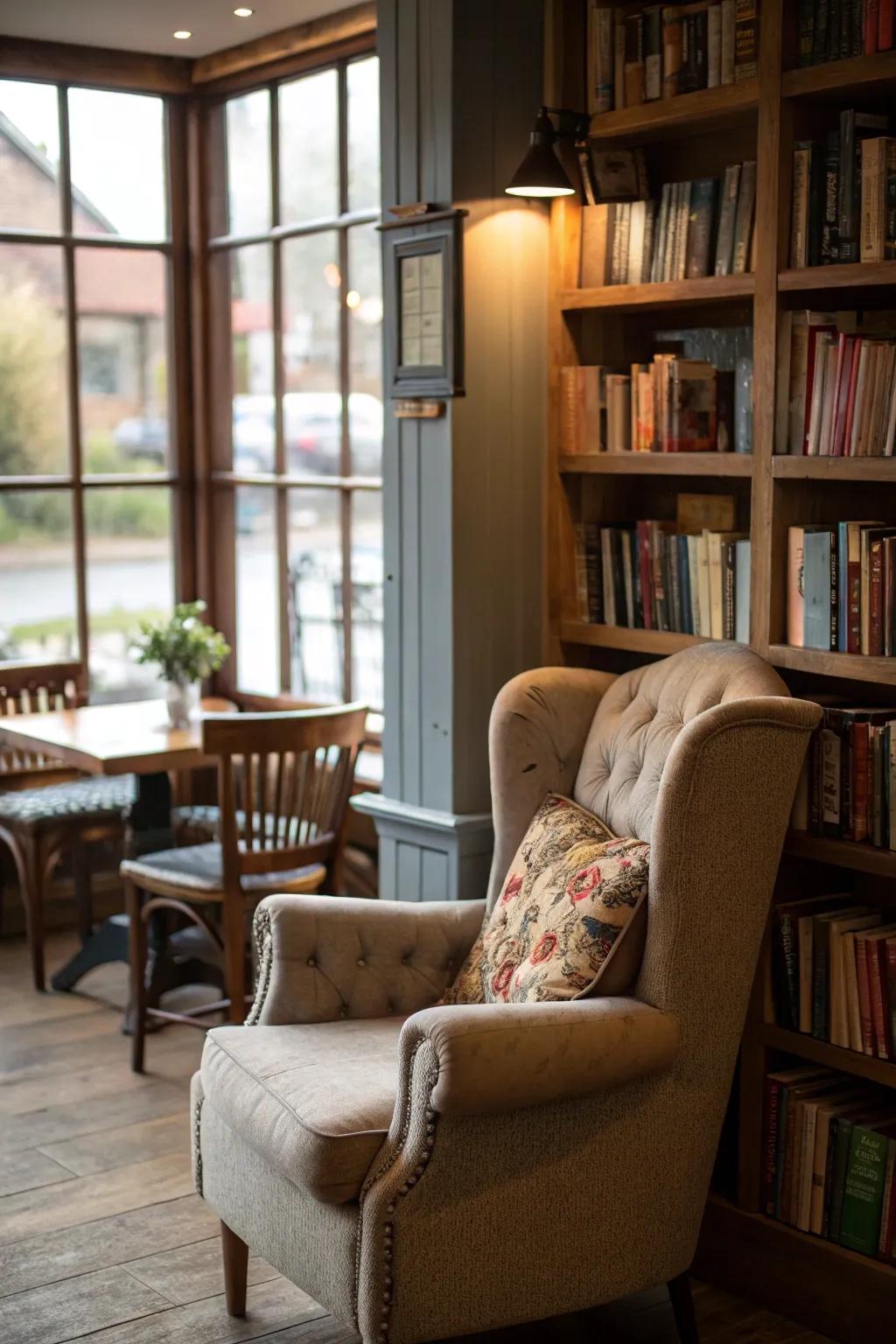 A reading corner offers a peaceful retreat in your home cafe.