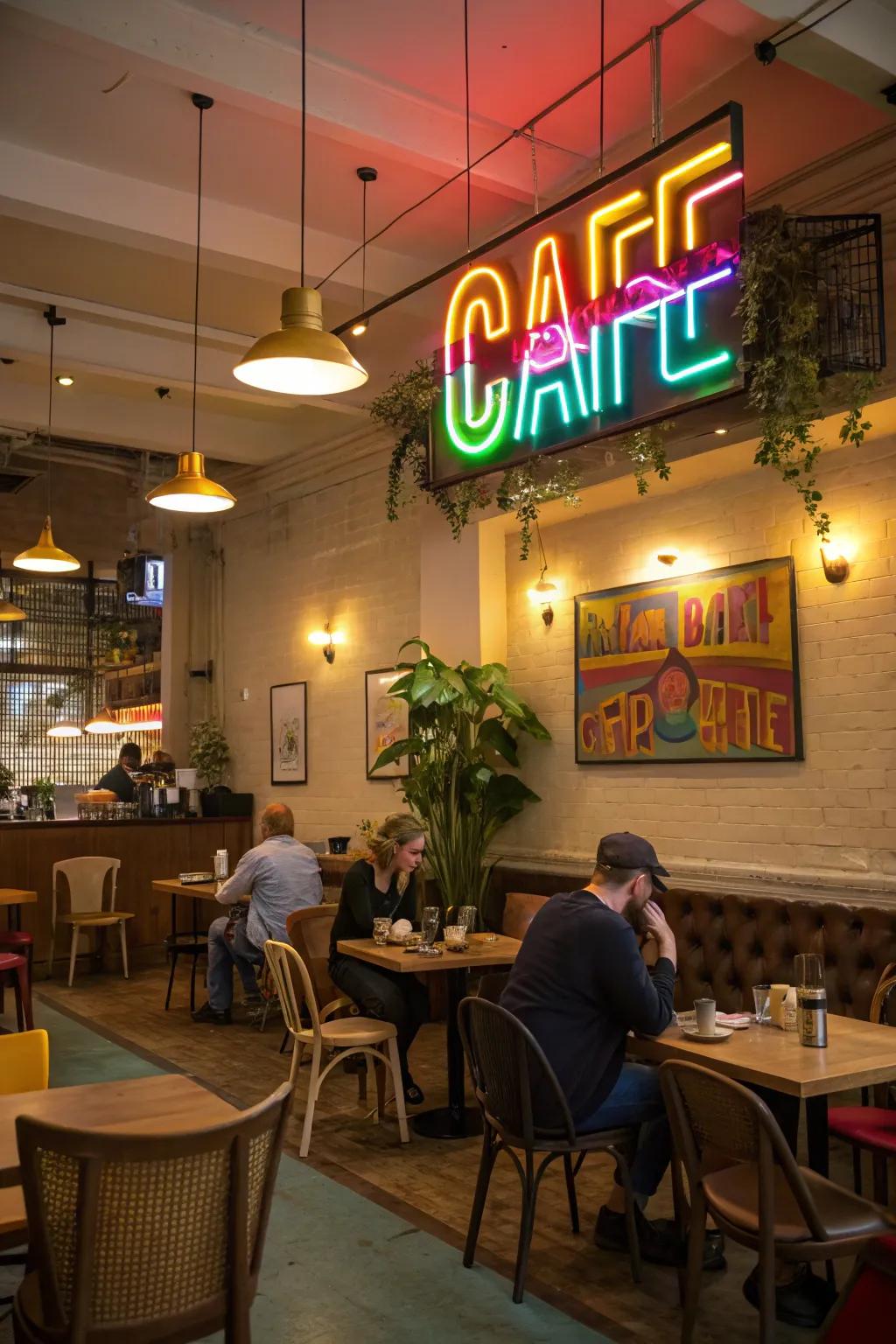 A cafe interior featuring a colorful neon sign that adds personality and charm.