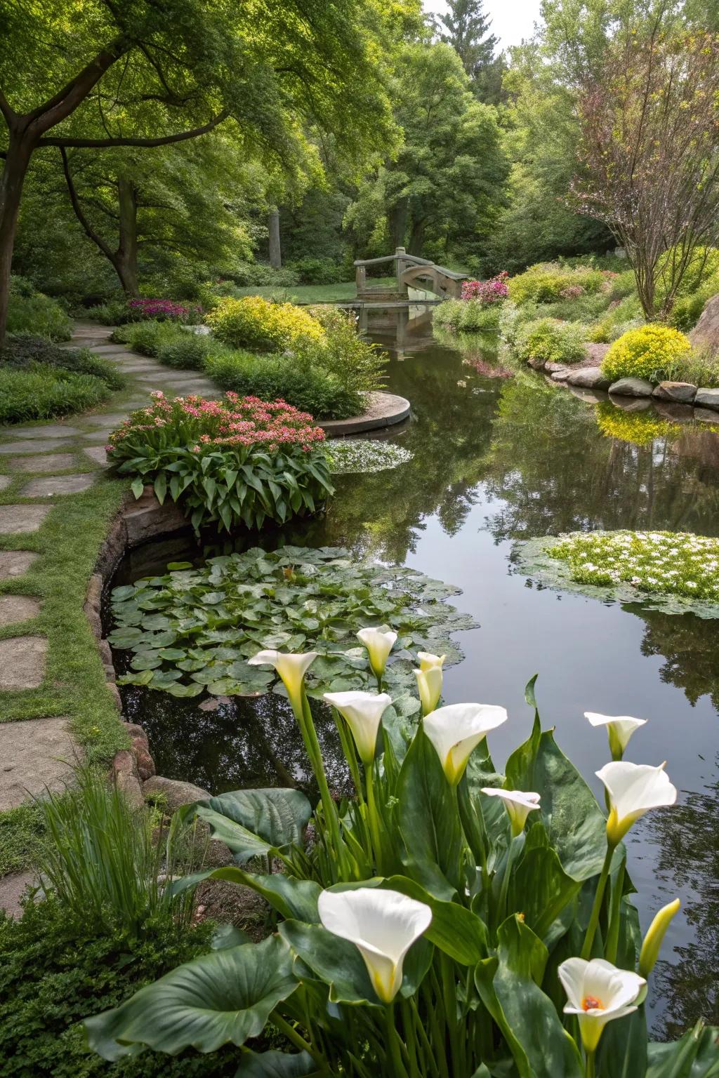 Calla lilies creating a serene water garden oasis.