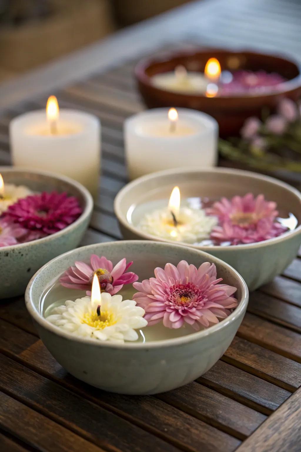 Floating candles and flowers in small bowls for a pop of color.