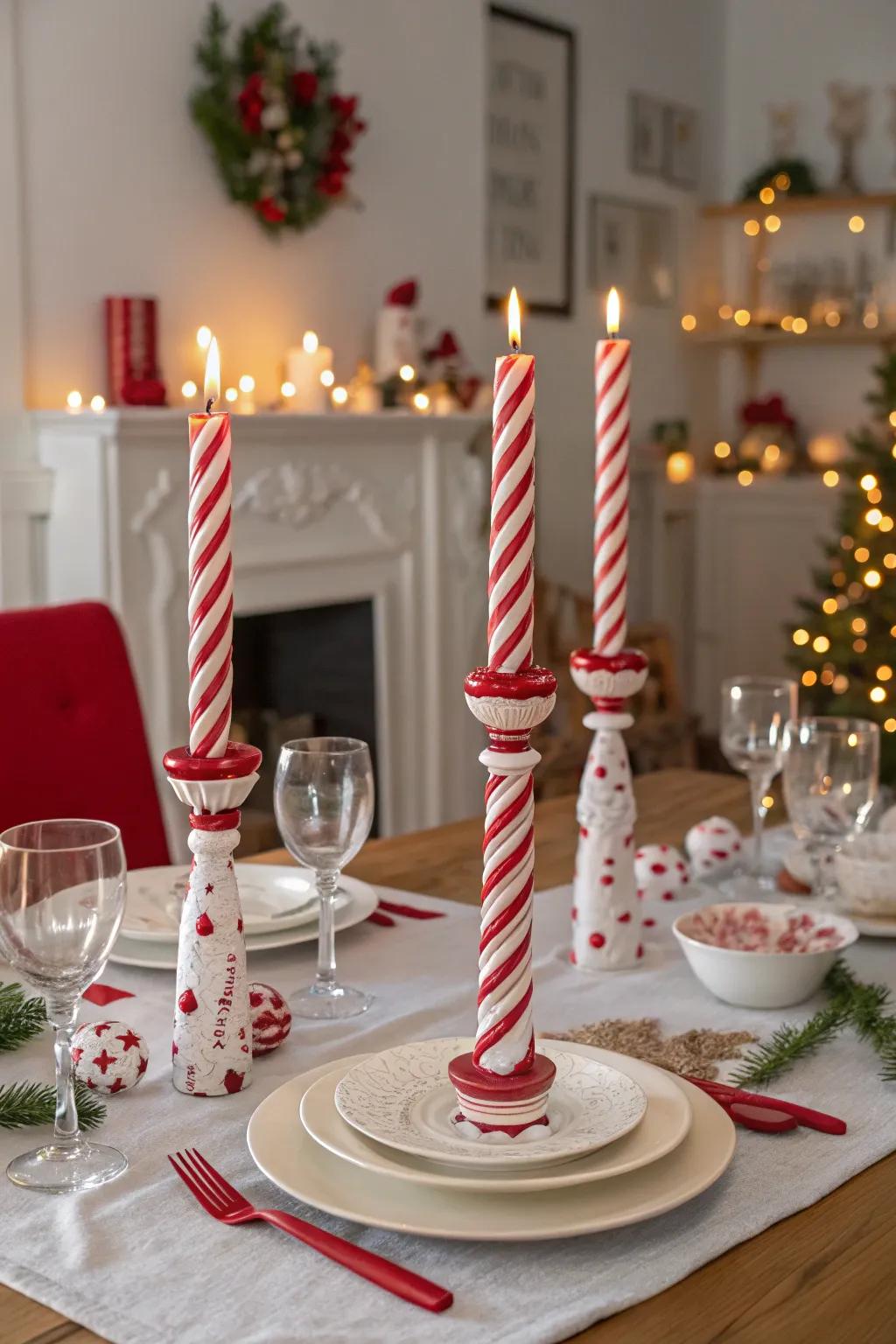 Light up your table with candy cane candle holders.