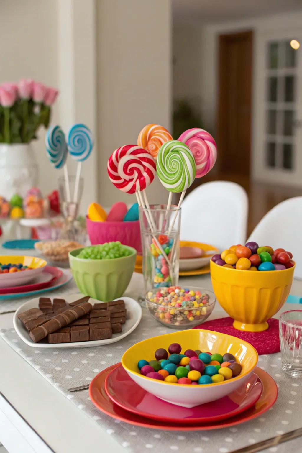 Candy-themed table settings create a delightful dining experience.