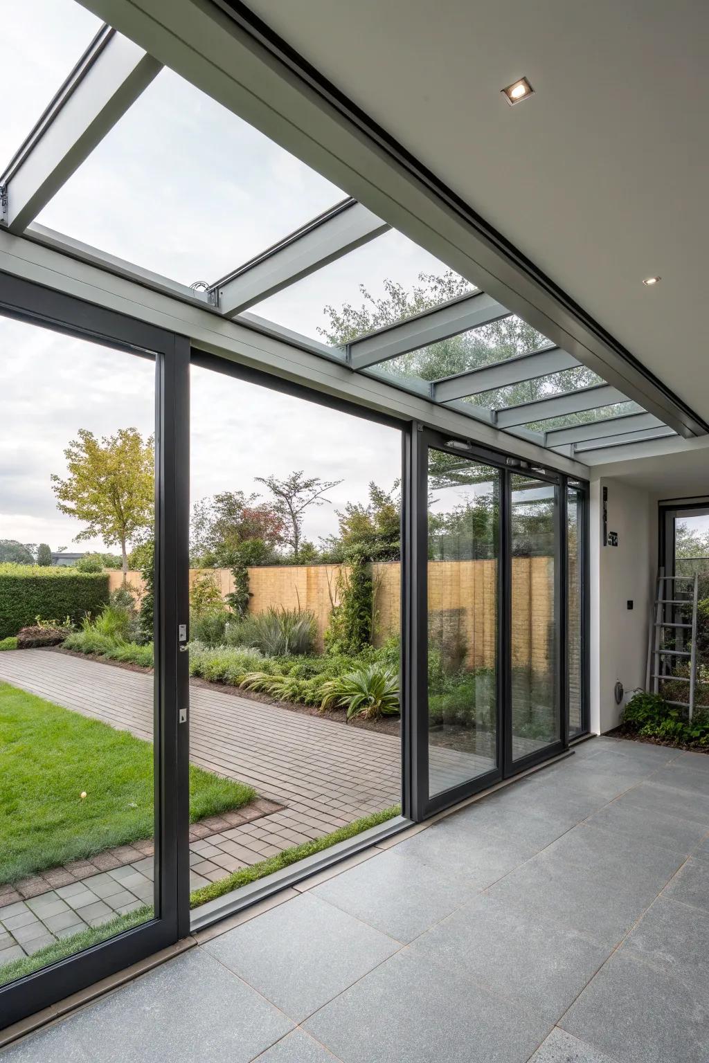 A carport featuring eco-friendly doors, reflecting a commitment to sustainable design.