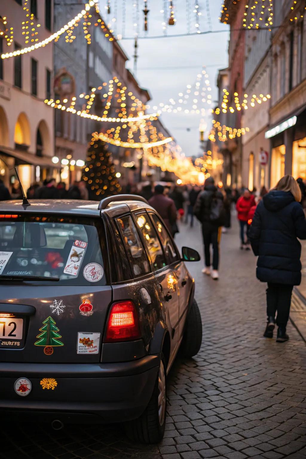 A car with festive bumper stickers, sharing holiday cheer on the go.