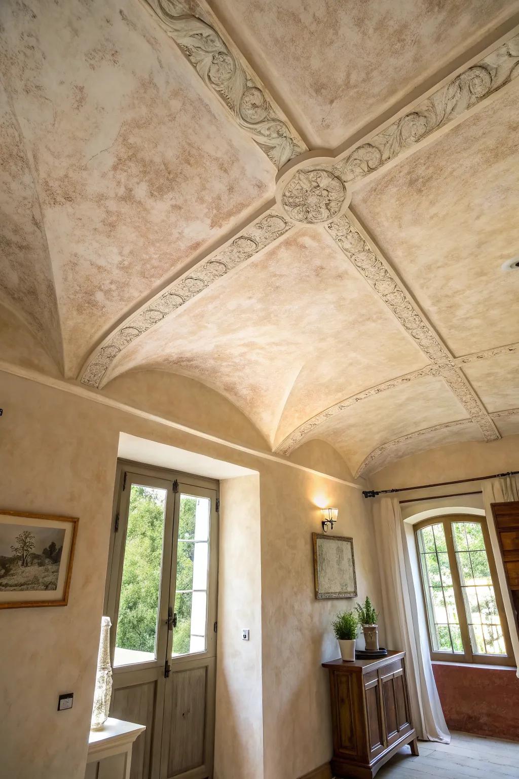 Limewash paint provides a textured, elegant finish to ceilings.