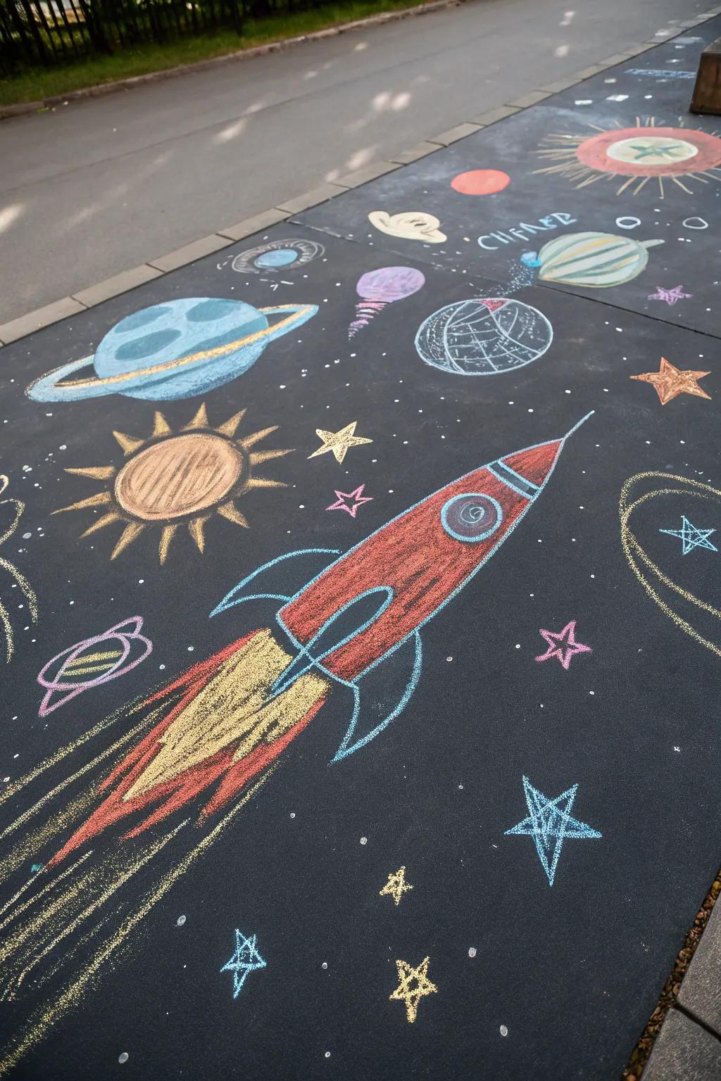 A thrilling space-themed chalk adventure featuring rockets and stars.