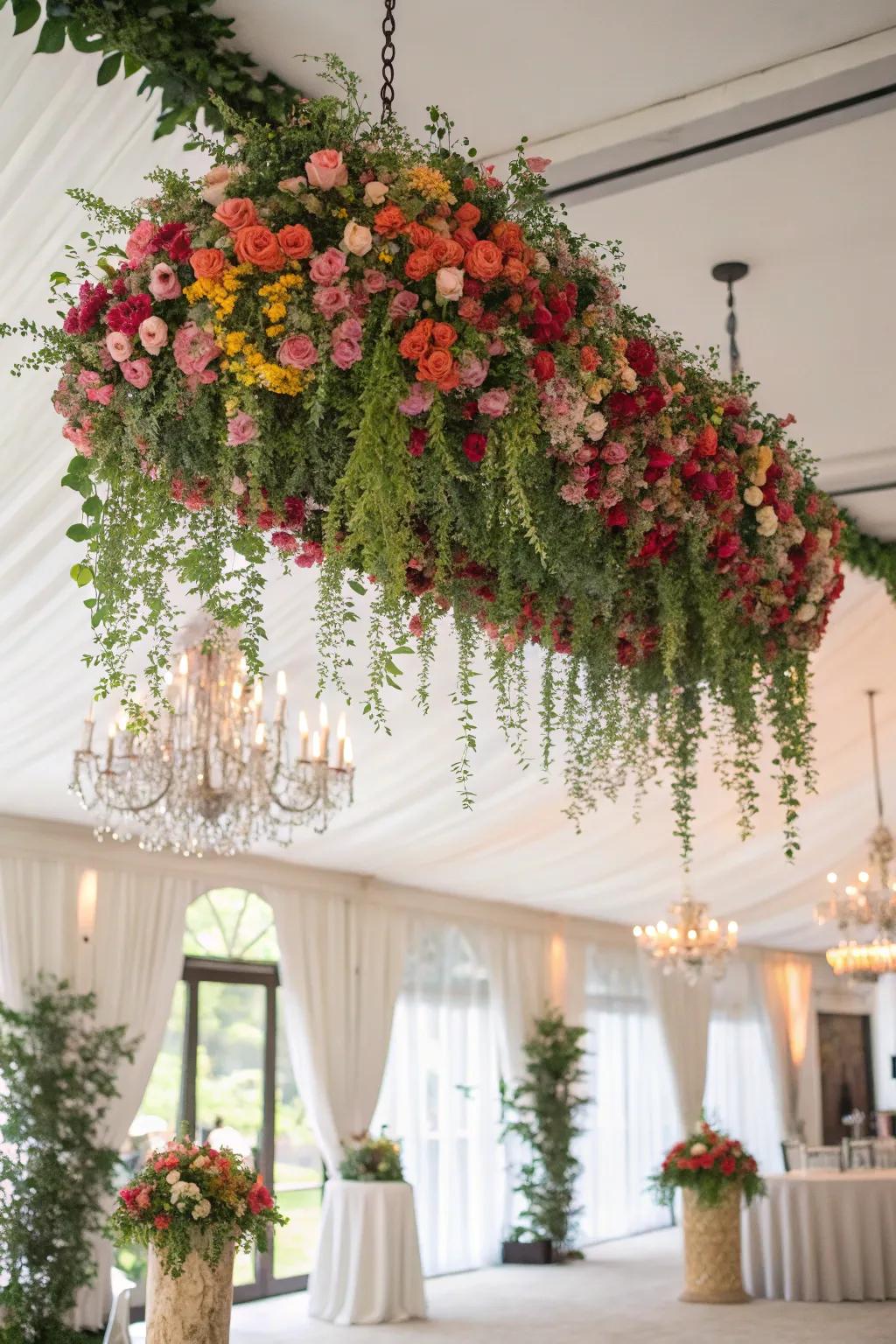 Dramatic and cost-effective hanging floral installation at a wedding.