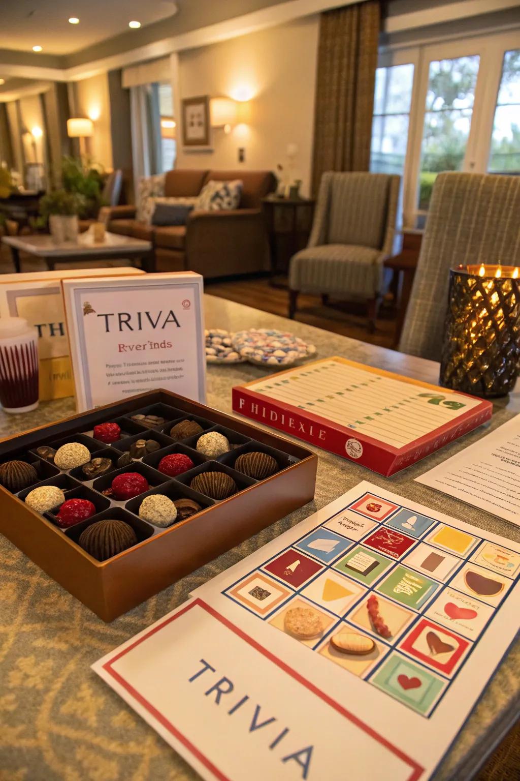 A lively chocolate trivia game setup to entertain guests.