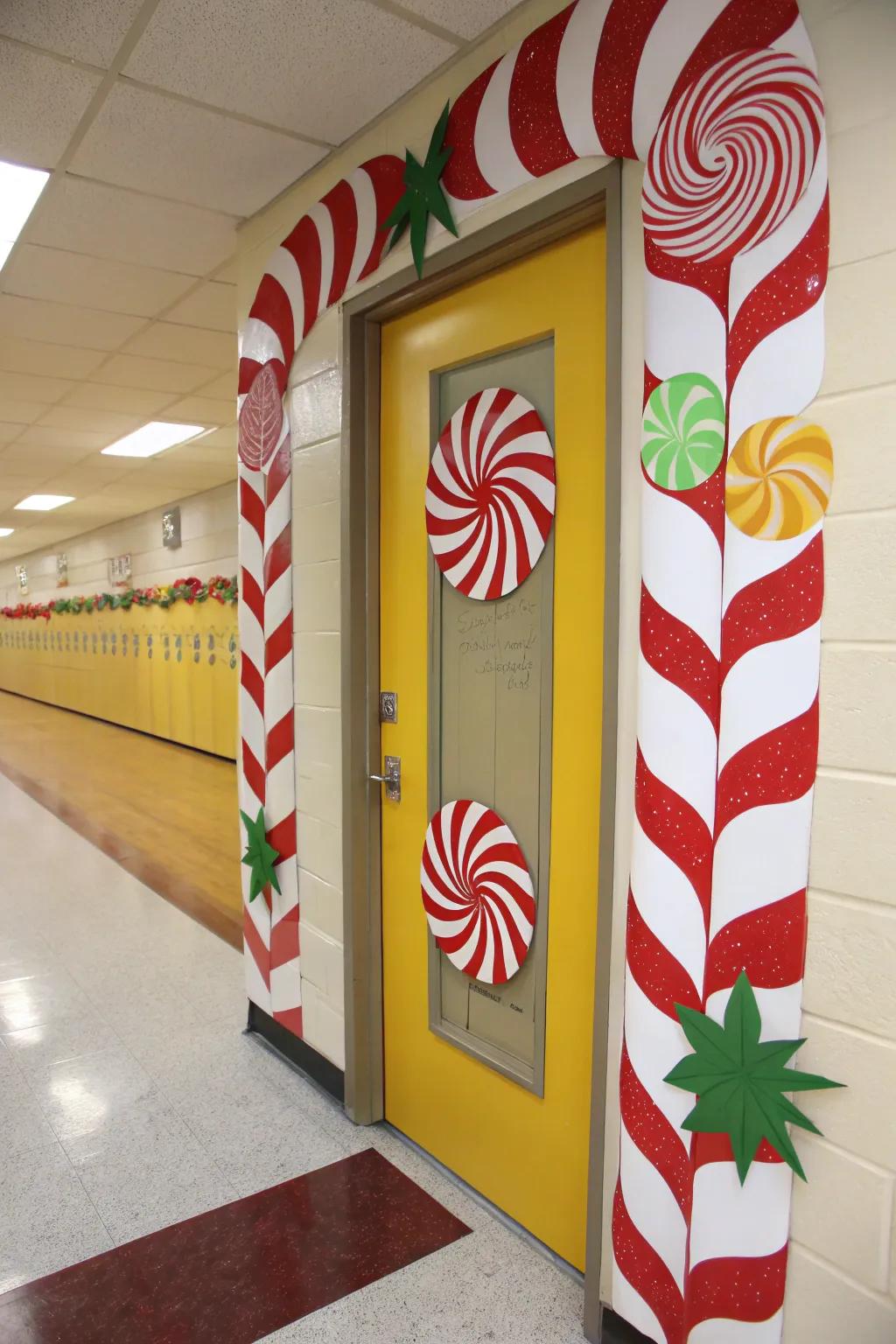 A sweet Candy Cane Lane theme for this festive door.