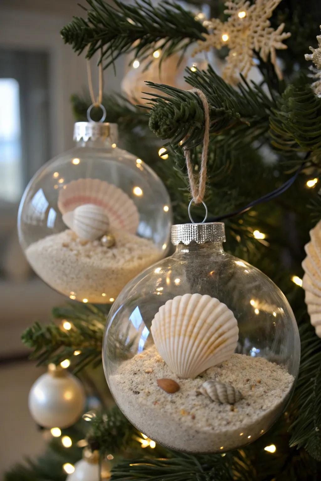 Seashell ornaments creating a coastal Christmas feel.