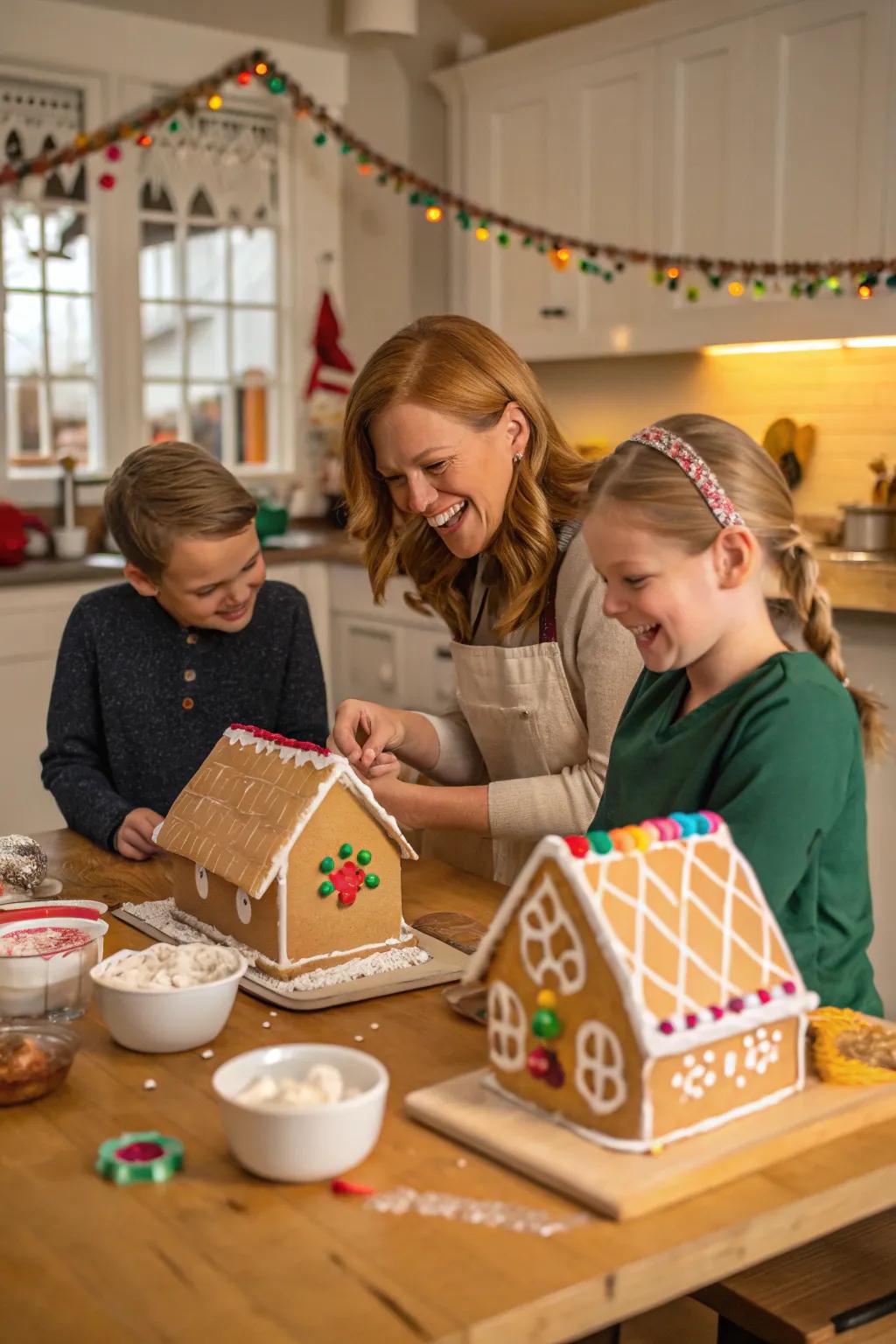 Family having fun decorating gingerbread houses.