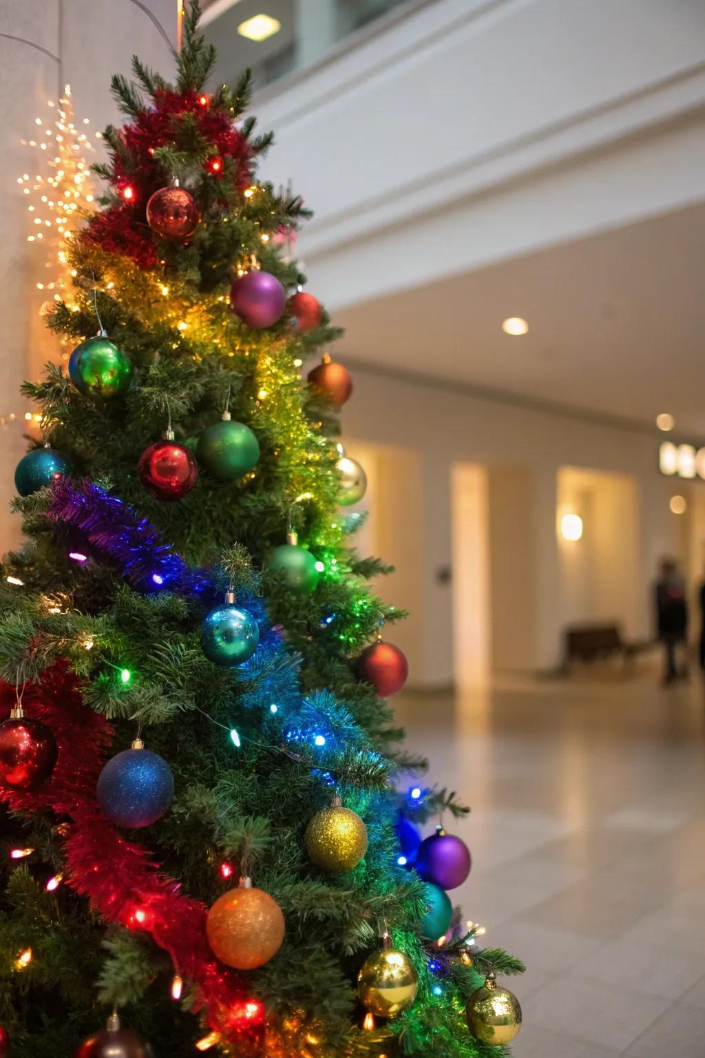 A vibrant rainbow Christmas tree full of festive cheer.