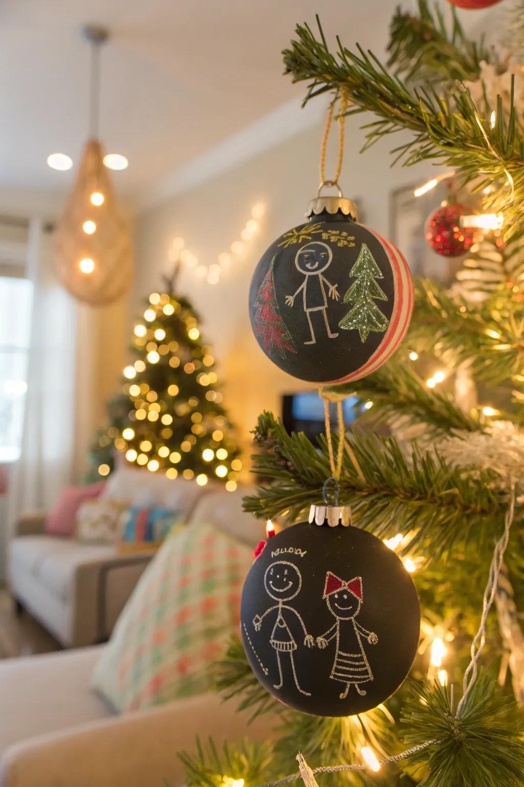 A Christmas tree with changeable chalkboard ornaments.