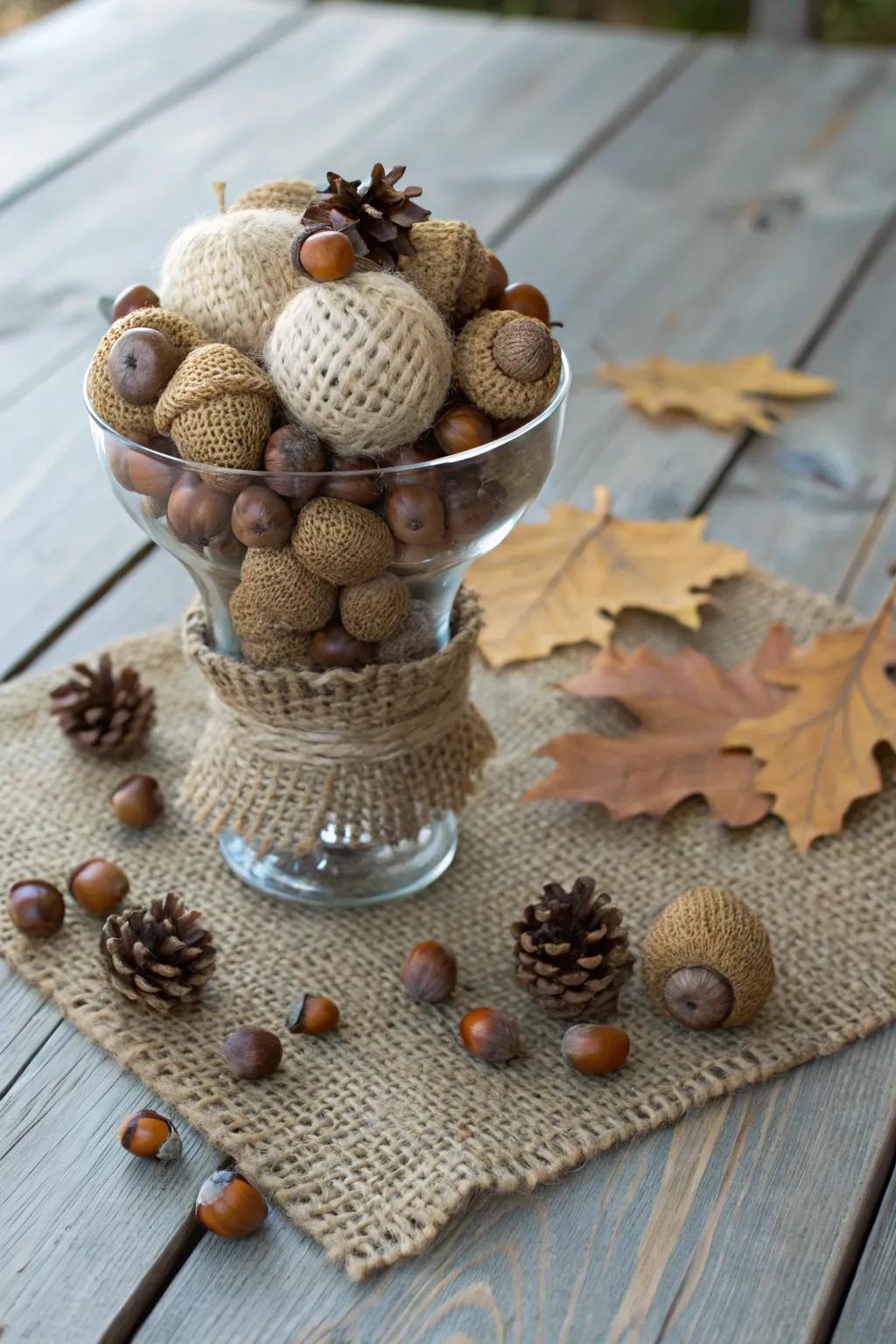 Woodland charm: acorns and burlap create a rustic holiday display.