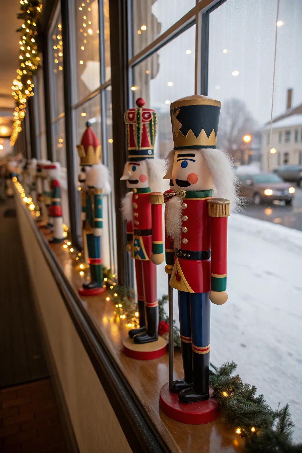 A parade of nutcracker figures adds whimsy and tradition.