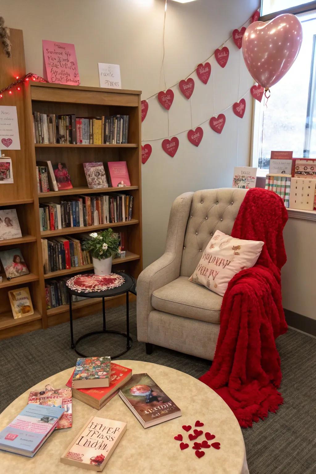 Cozy reading nook for a love-themed story time.