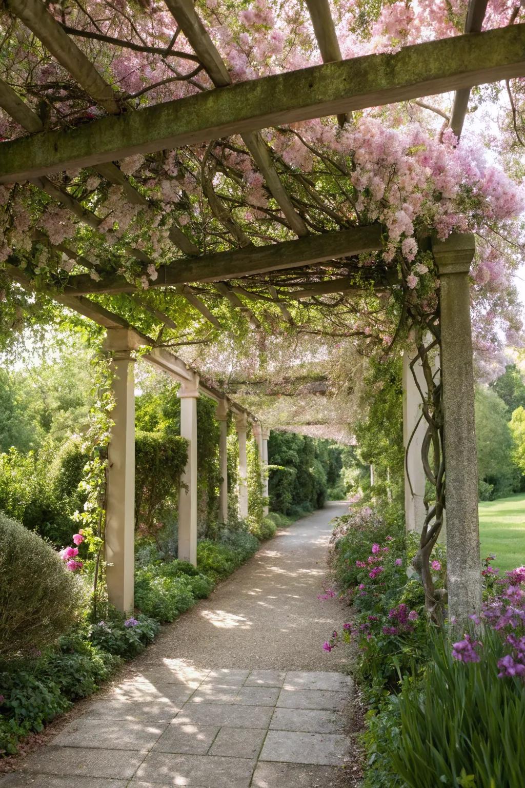 A pergola trellis forms a grand floral canopy with clematis.