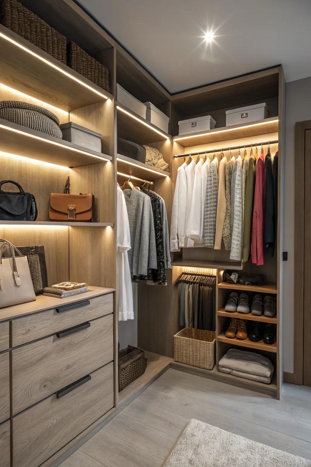 Color temperature control lights allow you to customize the ambiance of your closet.