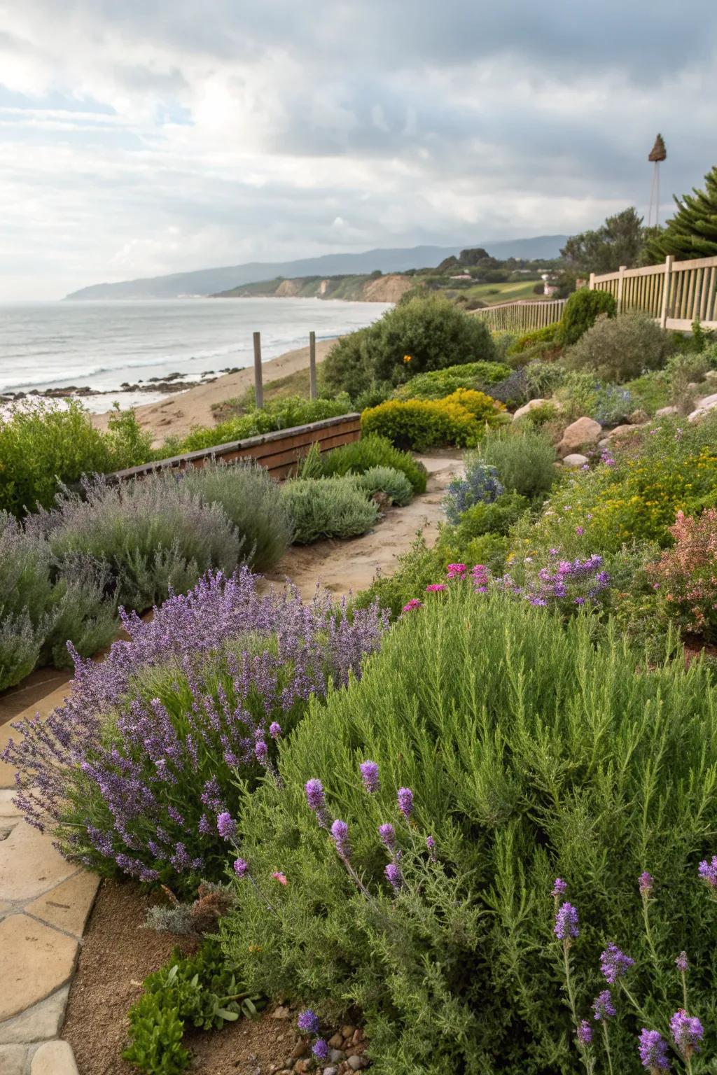 Wind-resistant plants like lavender thrive in coastal gardens.