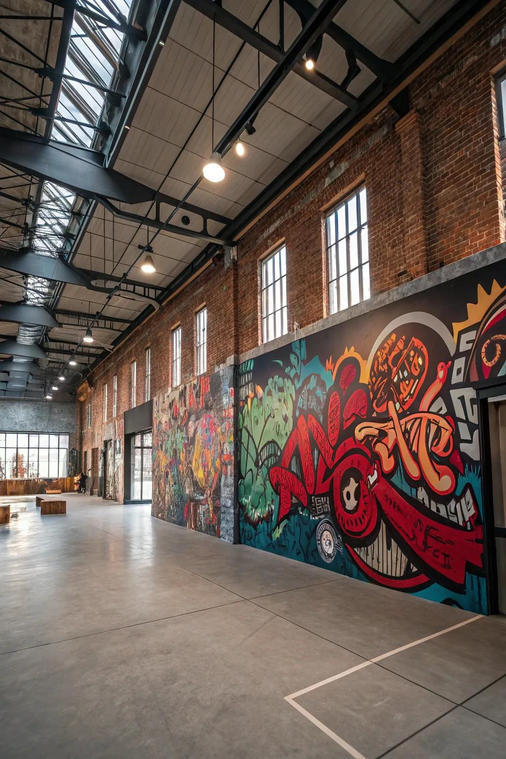 A large room showcasing a full wall graffiti mural.