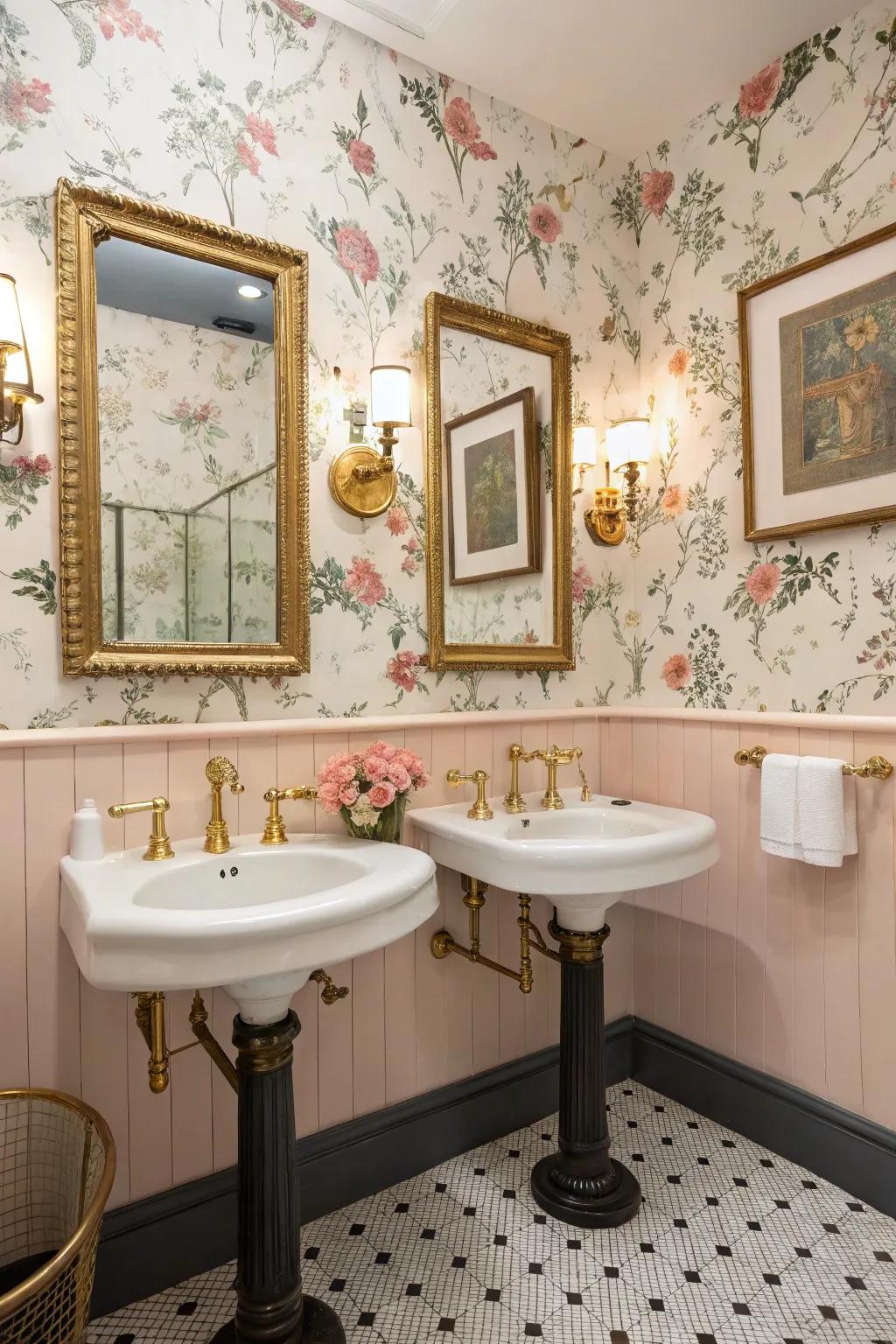 Vintage fixtures and retro decor add character to this powder room.