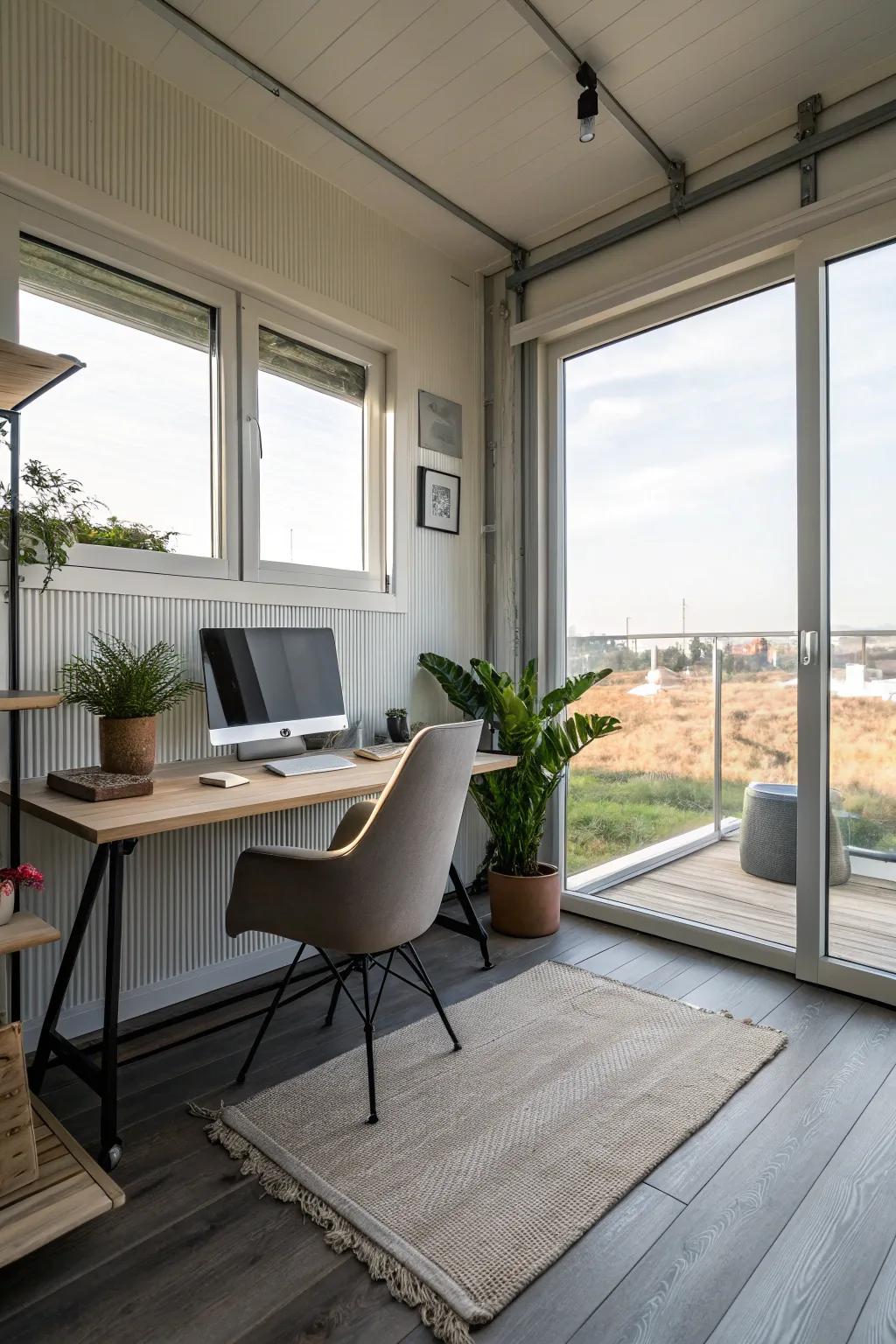 A tranquil home office created from a shipping container.