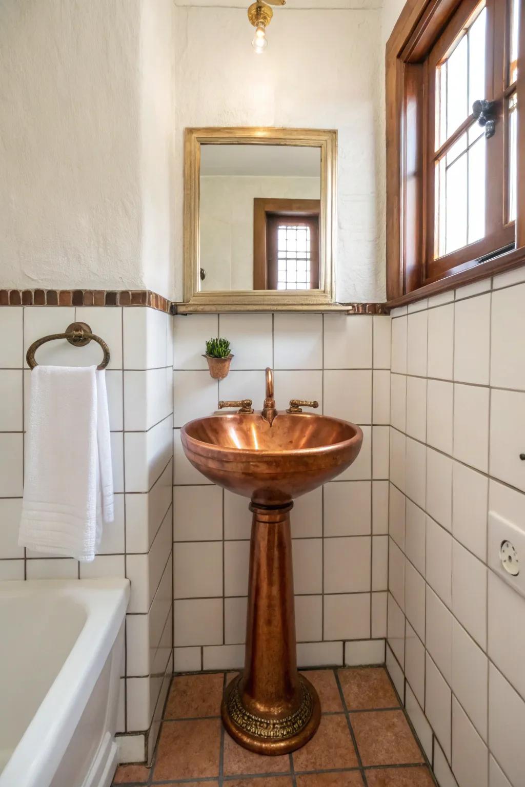 A copper pedestal sink adds a touch of drama and elegance to this compact bathroom.