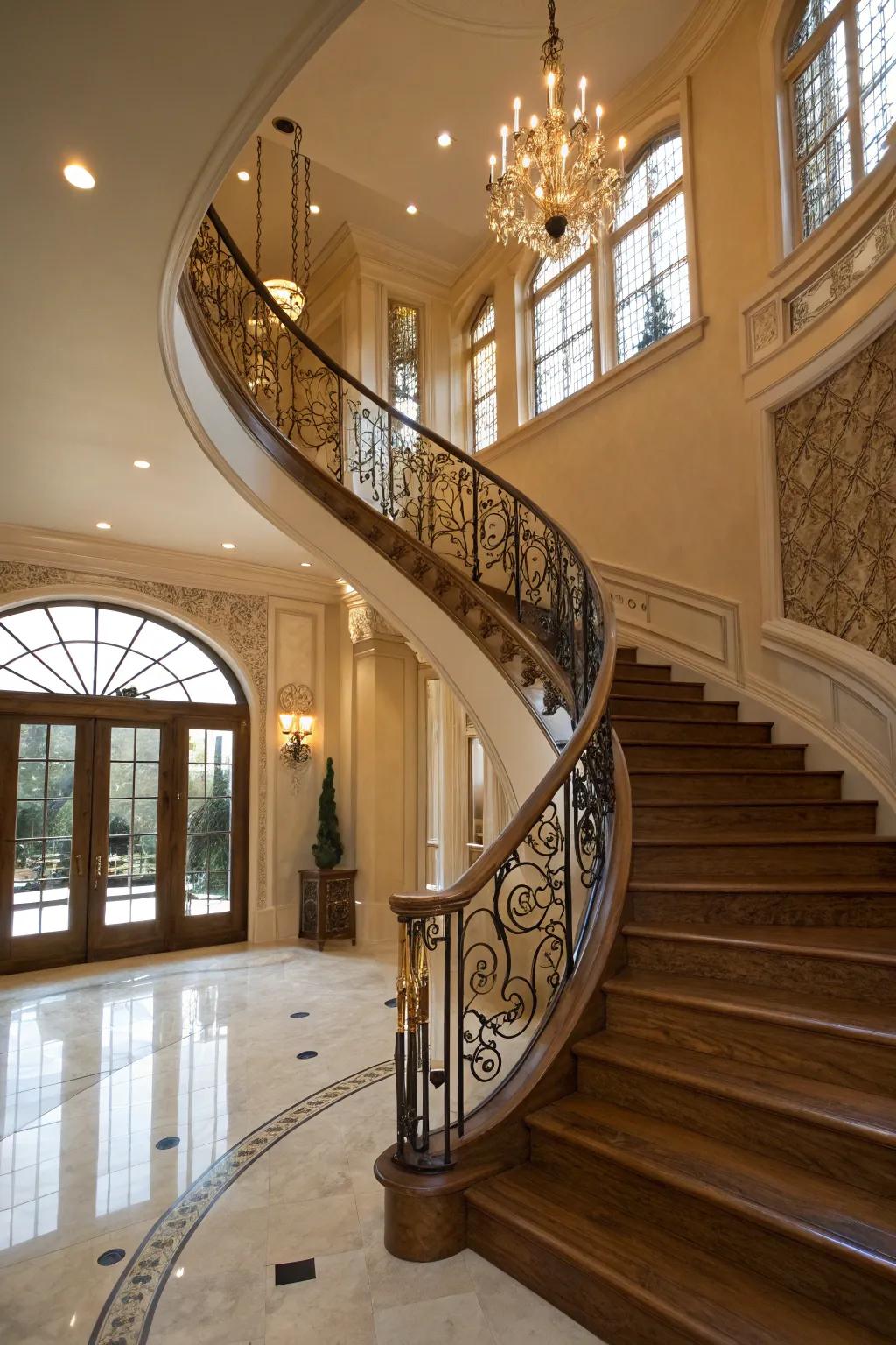 Curved staircases bring graceful movement to corners.