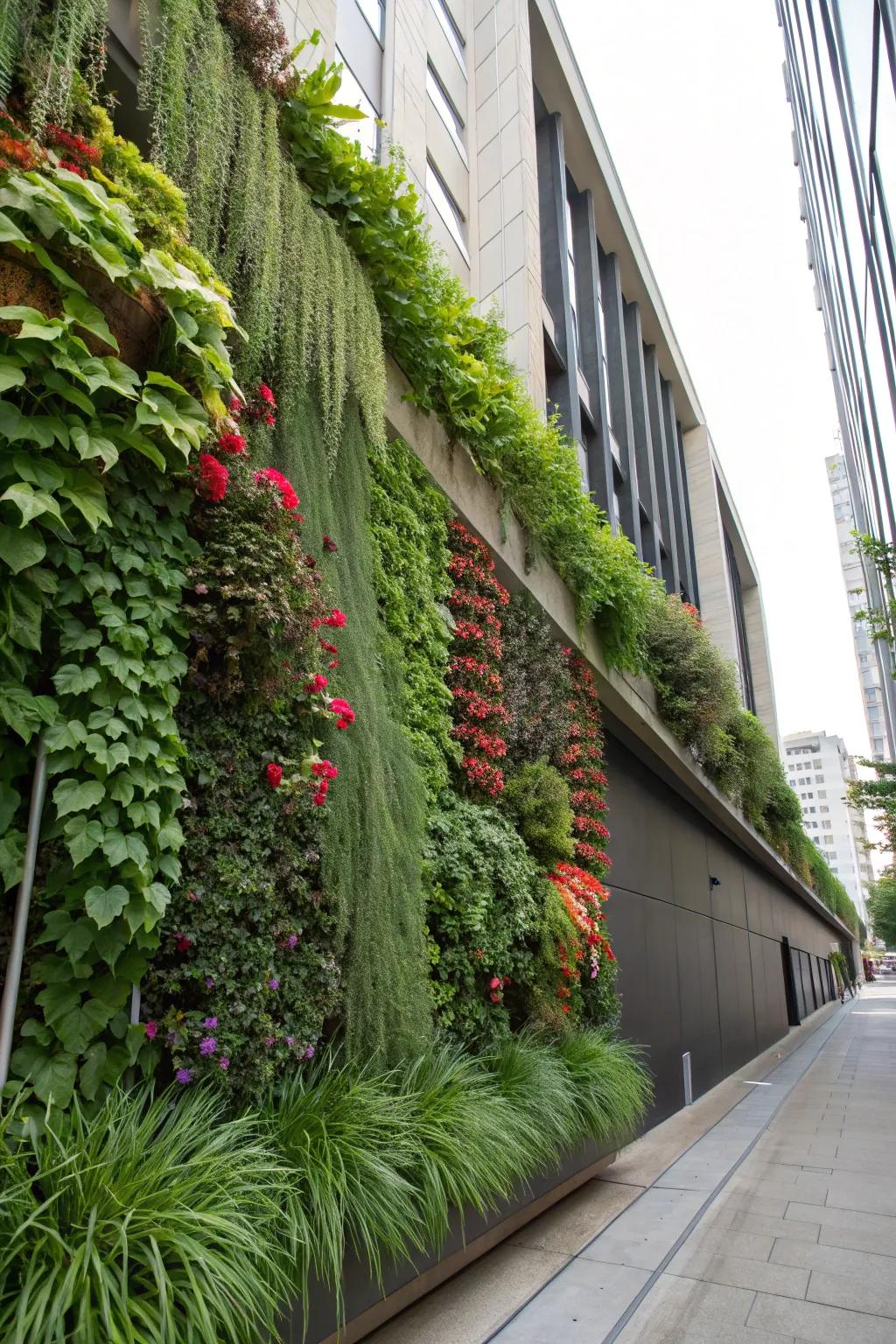 A vertical garden creating a lush, cascading effect.