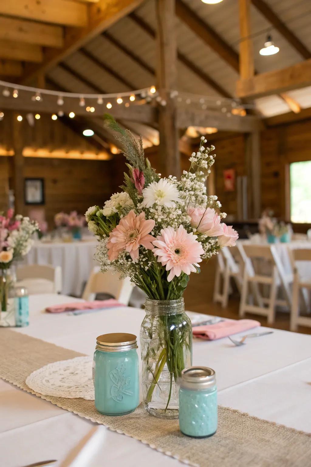 A rustic wedding table featuring mason jar flower centerpieces.