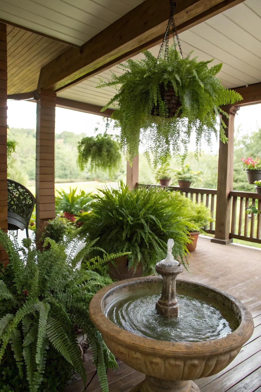 A water feature brings tranquility and elegance to the porch.