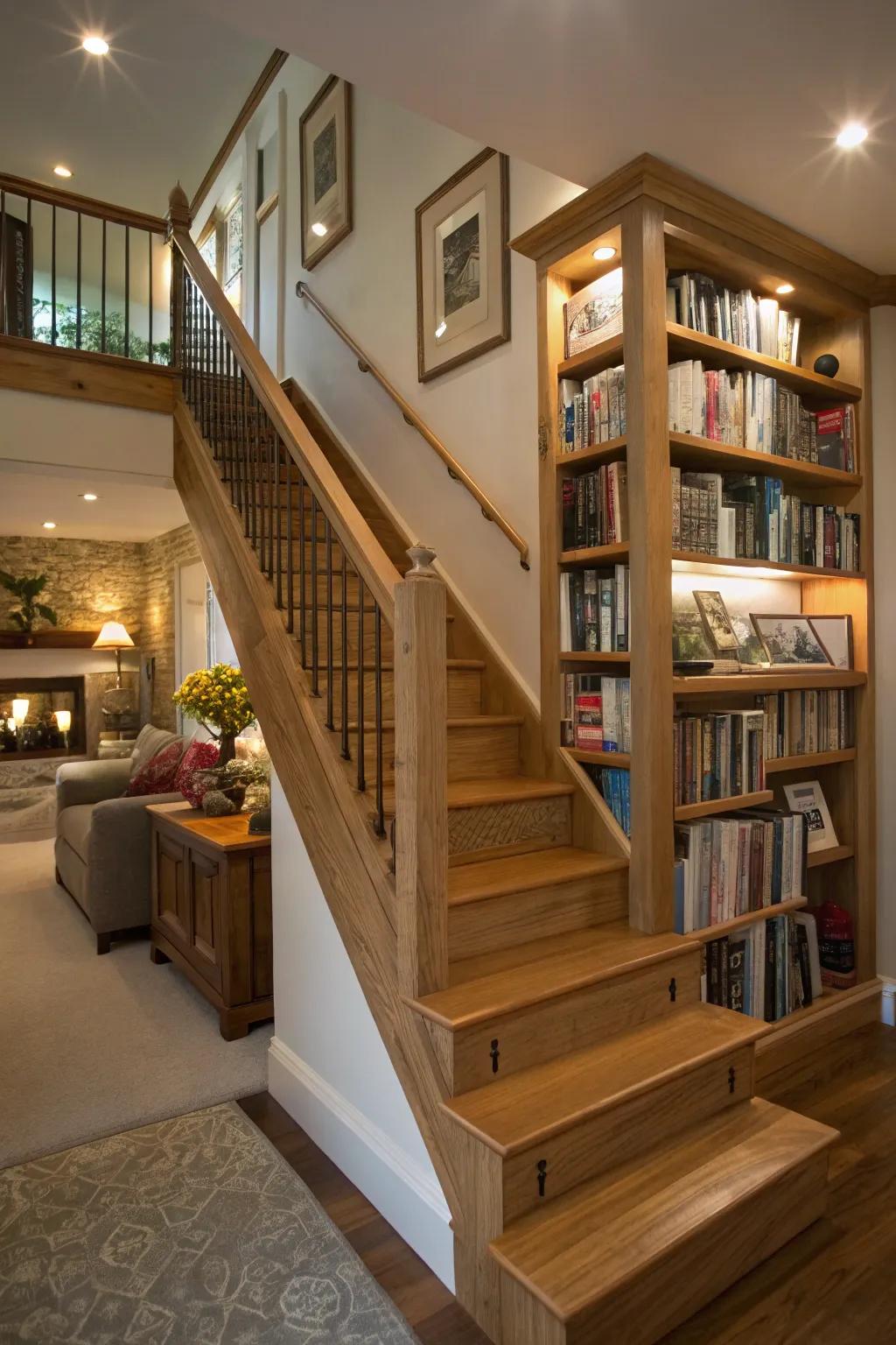 A staircase library cleverly utilizes otherwise wasted space.