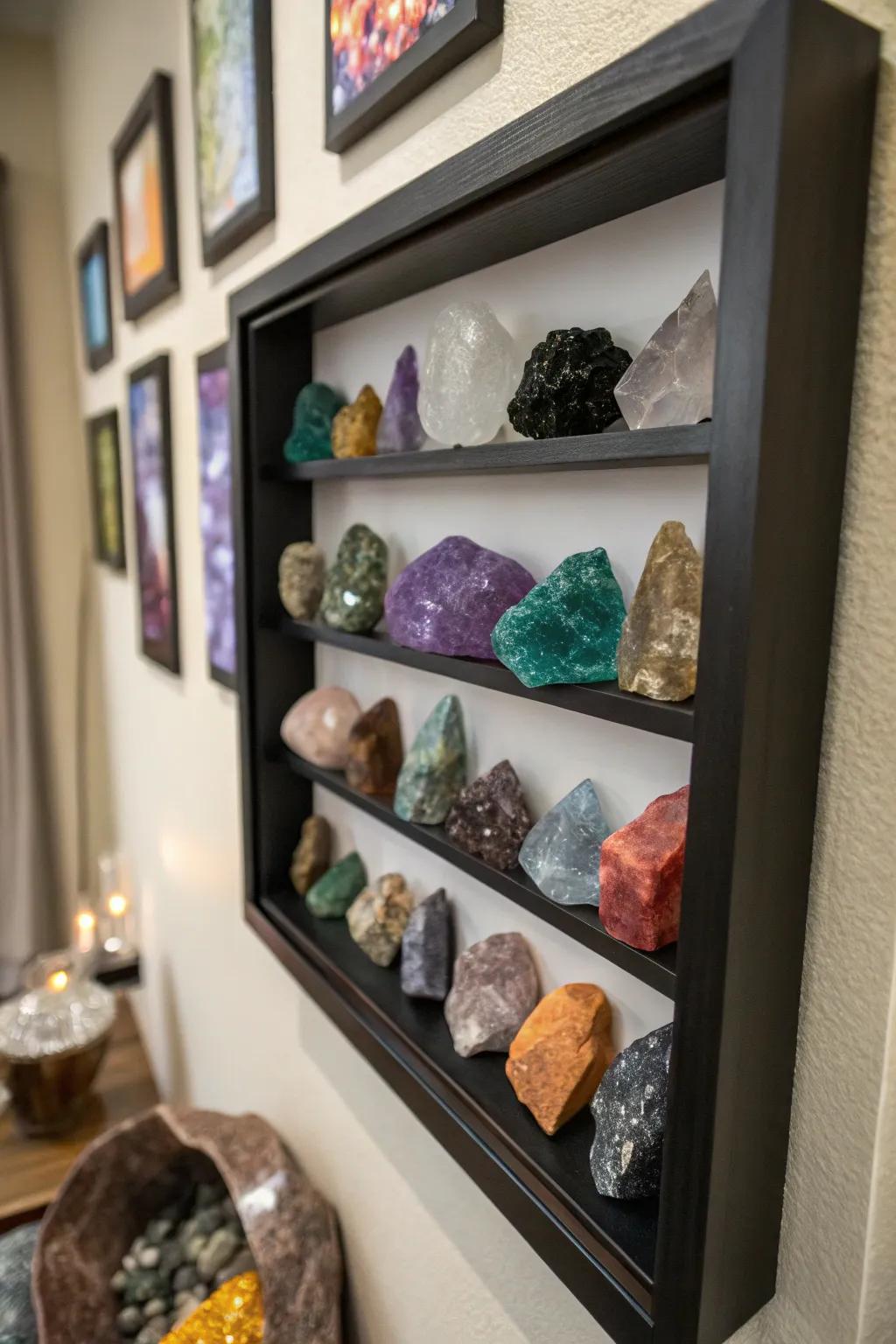 A shadow box featuring crystals as unique wall art.