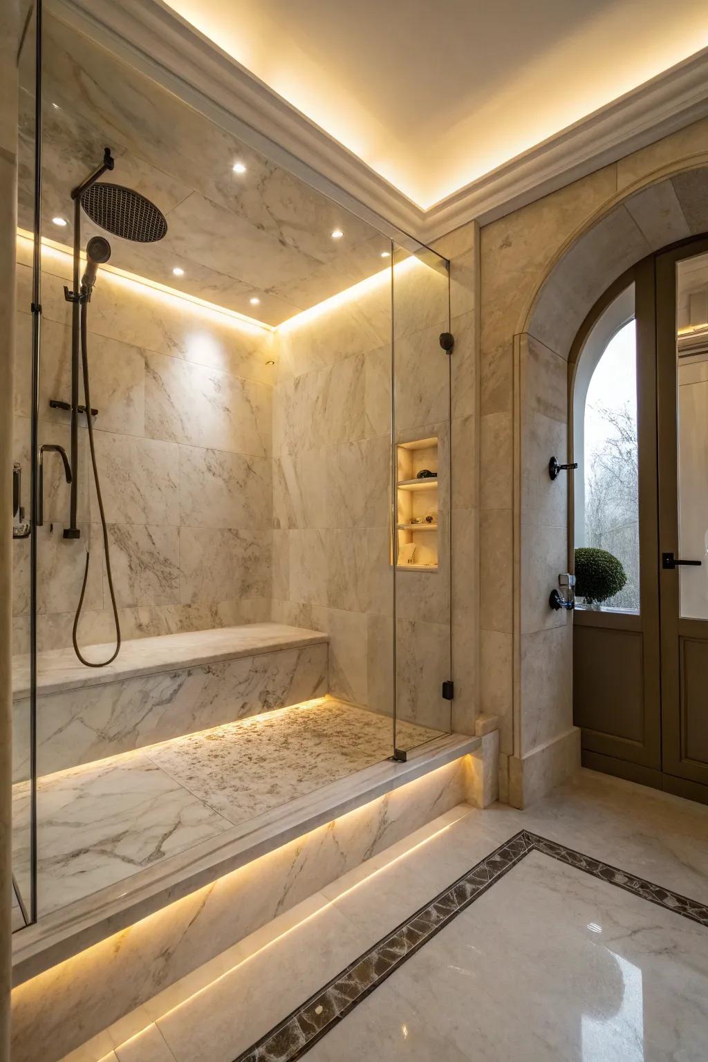 Hidden lighting adds ambiance to cultured marble showers.