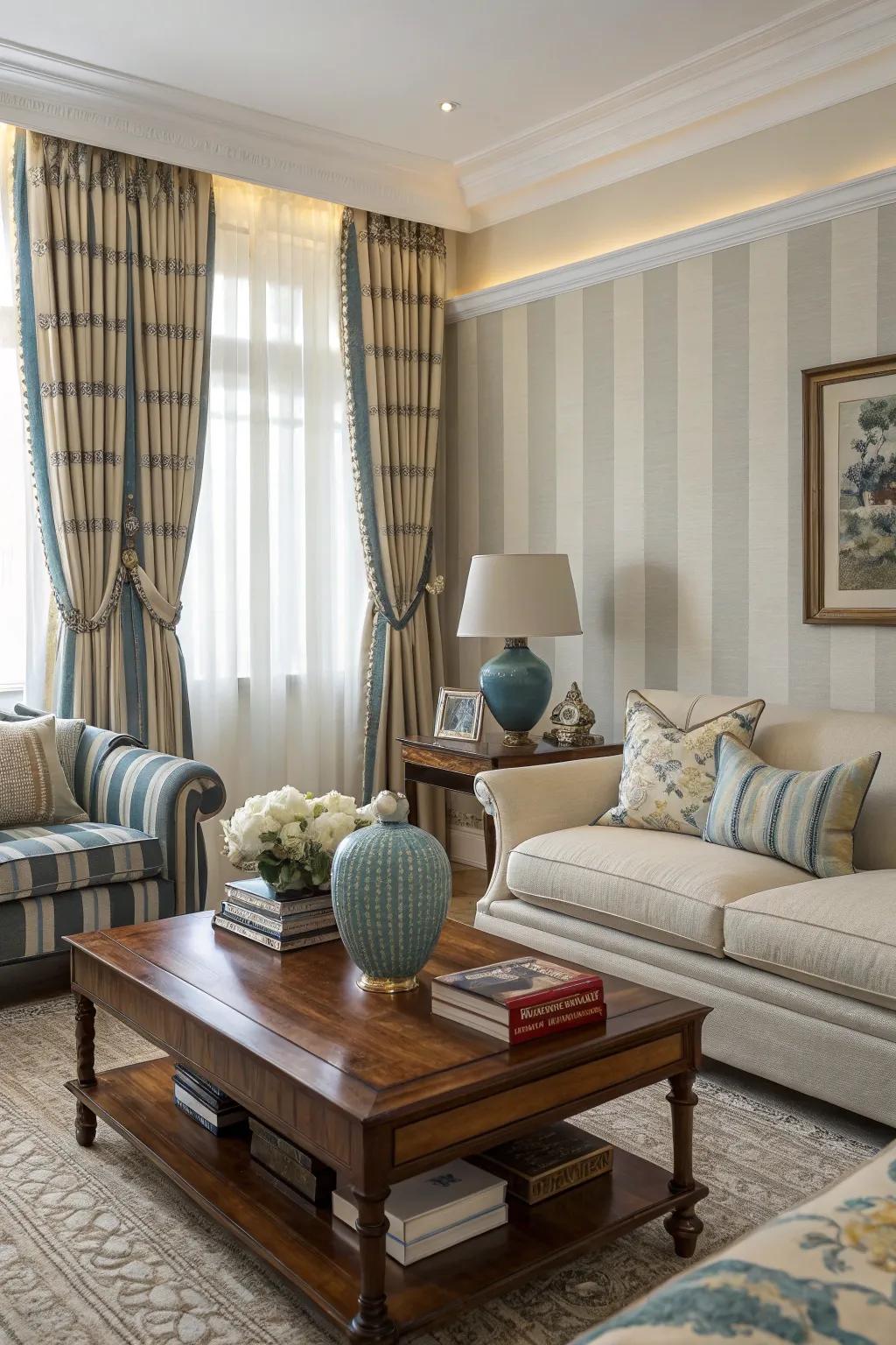 Striped curtains deliver timeless elegance.