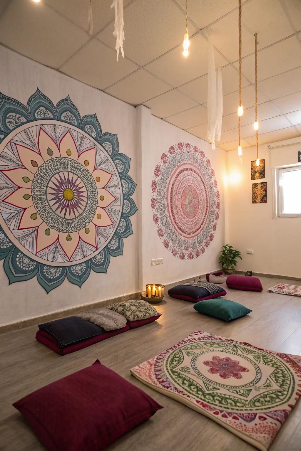 Mystical mandalas add peace and harmony to a meditation room.