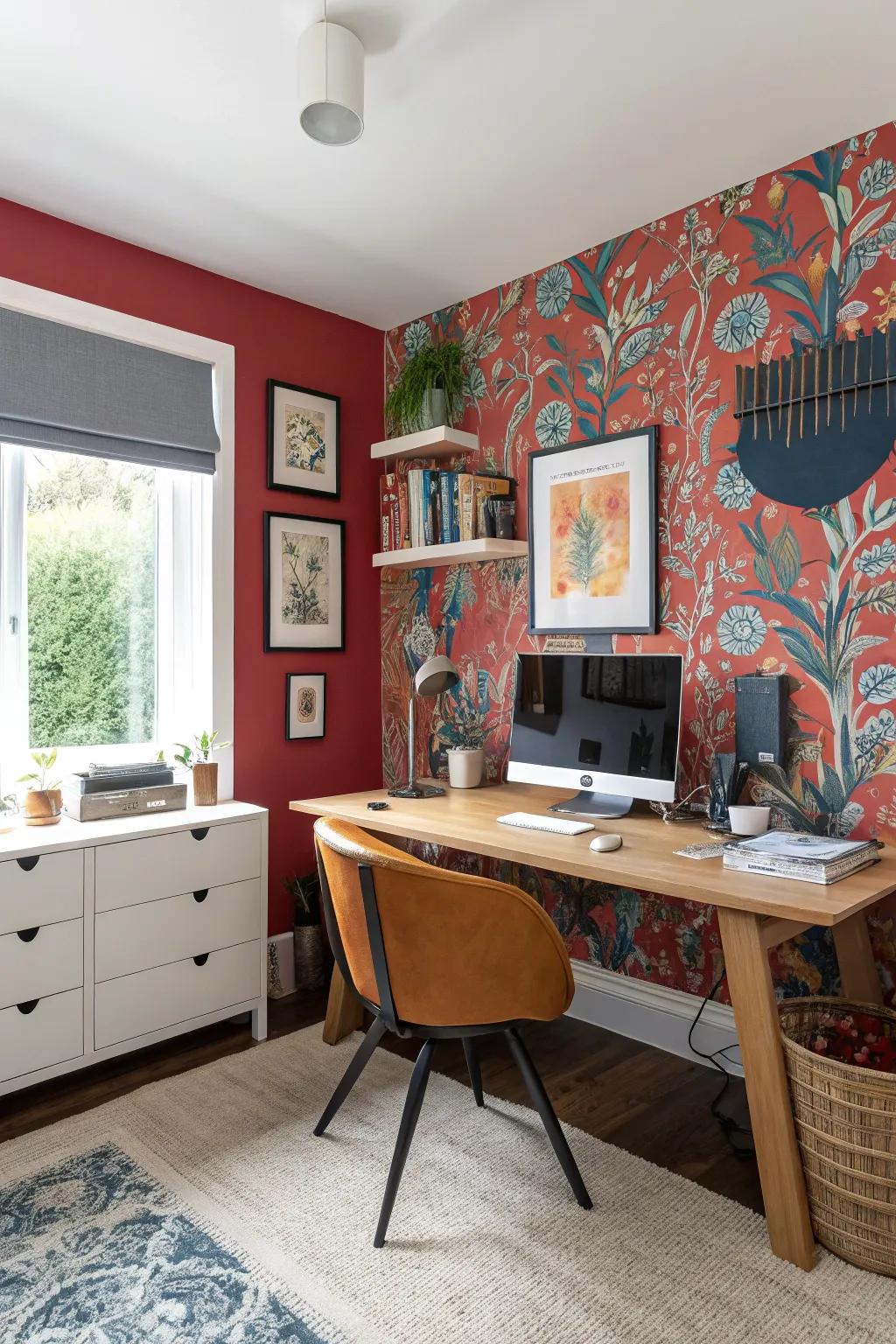 A bold feature wall in a home office, showcasing wallpaper or a large art piece.