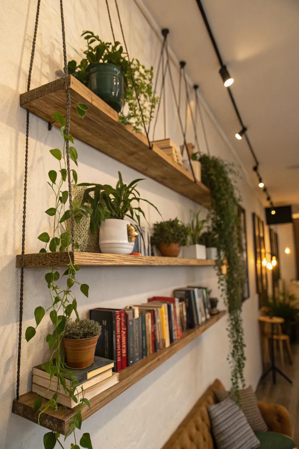 Floating shelves offer stylish storage solutions.