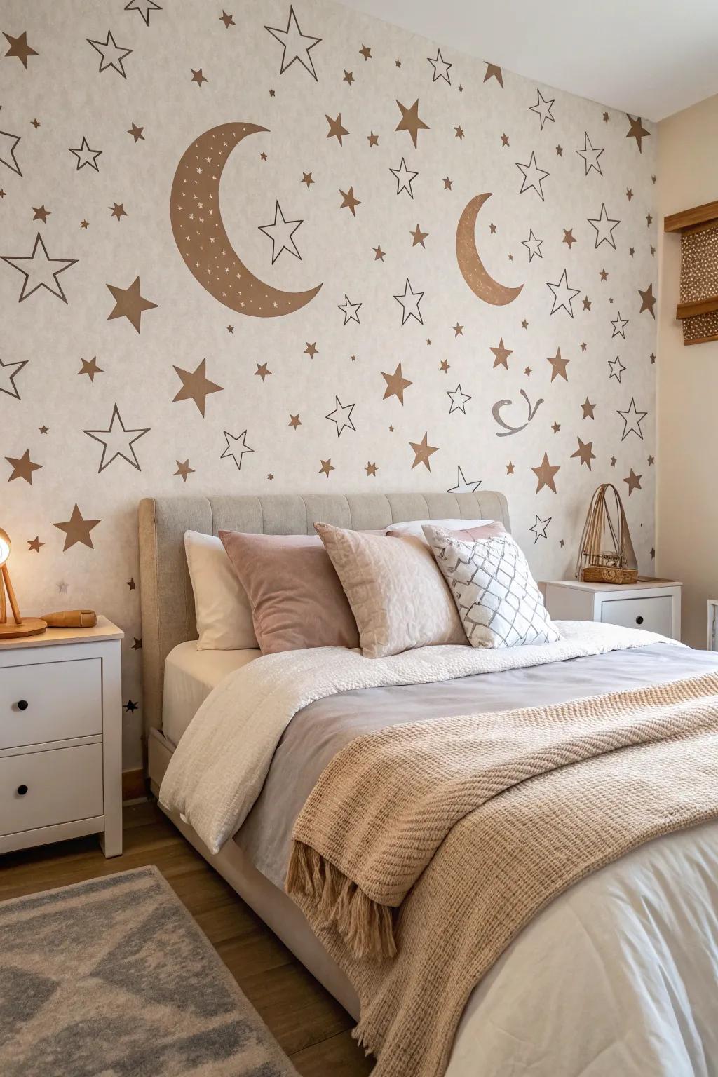 A bedroom featuring moon and star motif wallpaper, creating a magical nighttime retreat.