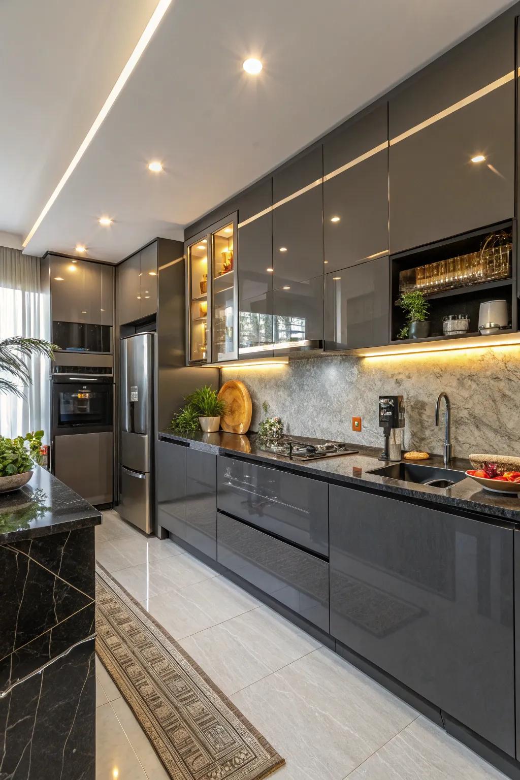 Glossy finish on dark gray cabinets enhancing light and space.