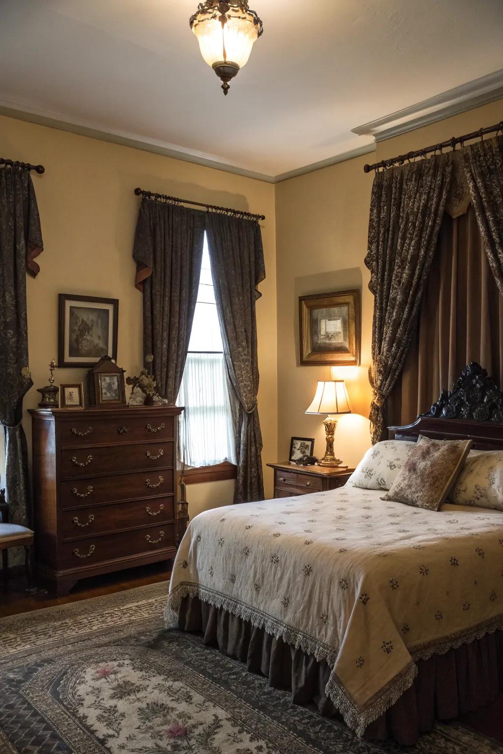 Heavy drapes add coziness and privacy to a dark vintage bedroom.