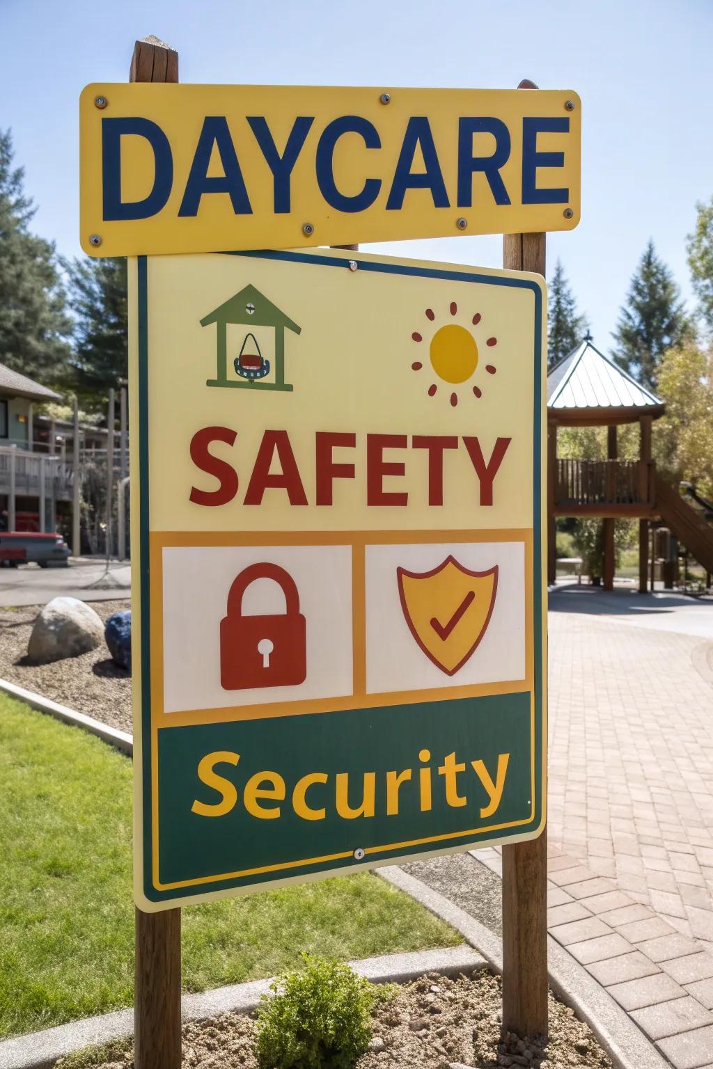 Safety-first messaging on the daycare sign provides reassurance to parents.