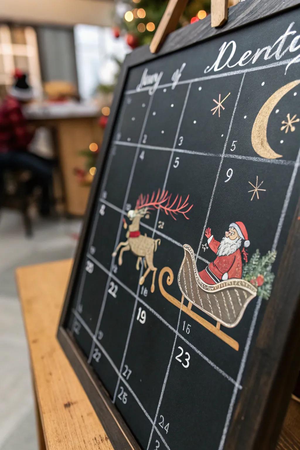 A magical chalkboard calendar featuring Santa's sleigh ride.