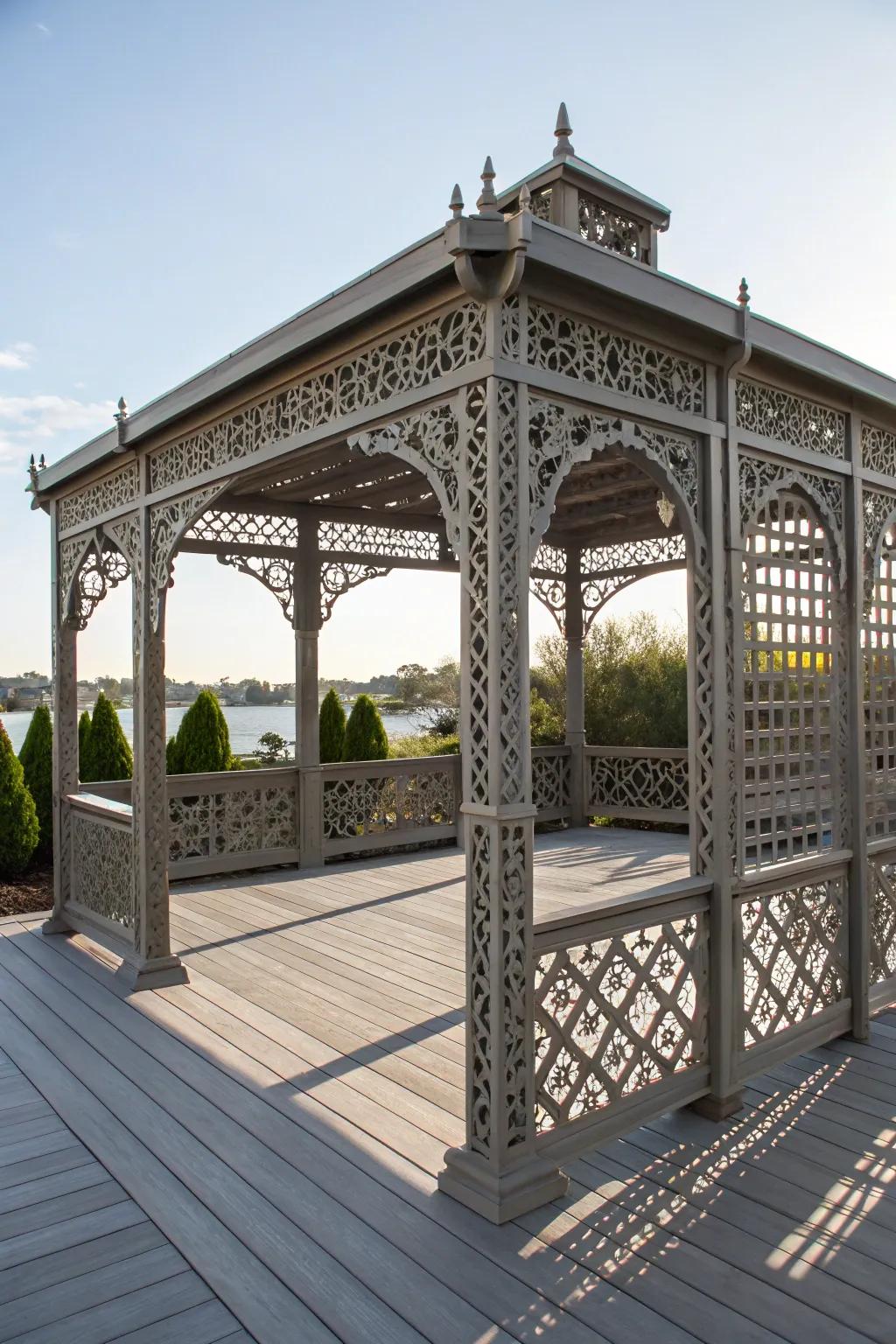 An artistic pergola with intricate designs, enhancing visual appeal.