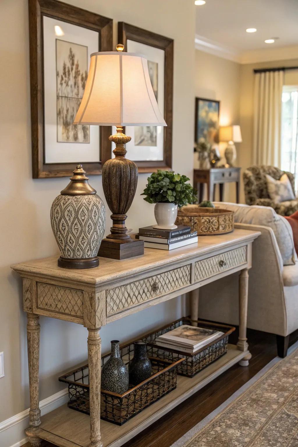 A console table adds elegance and functionality.