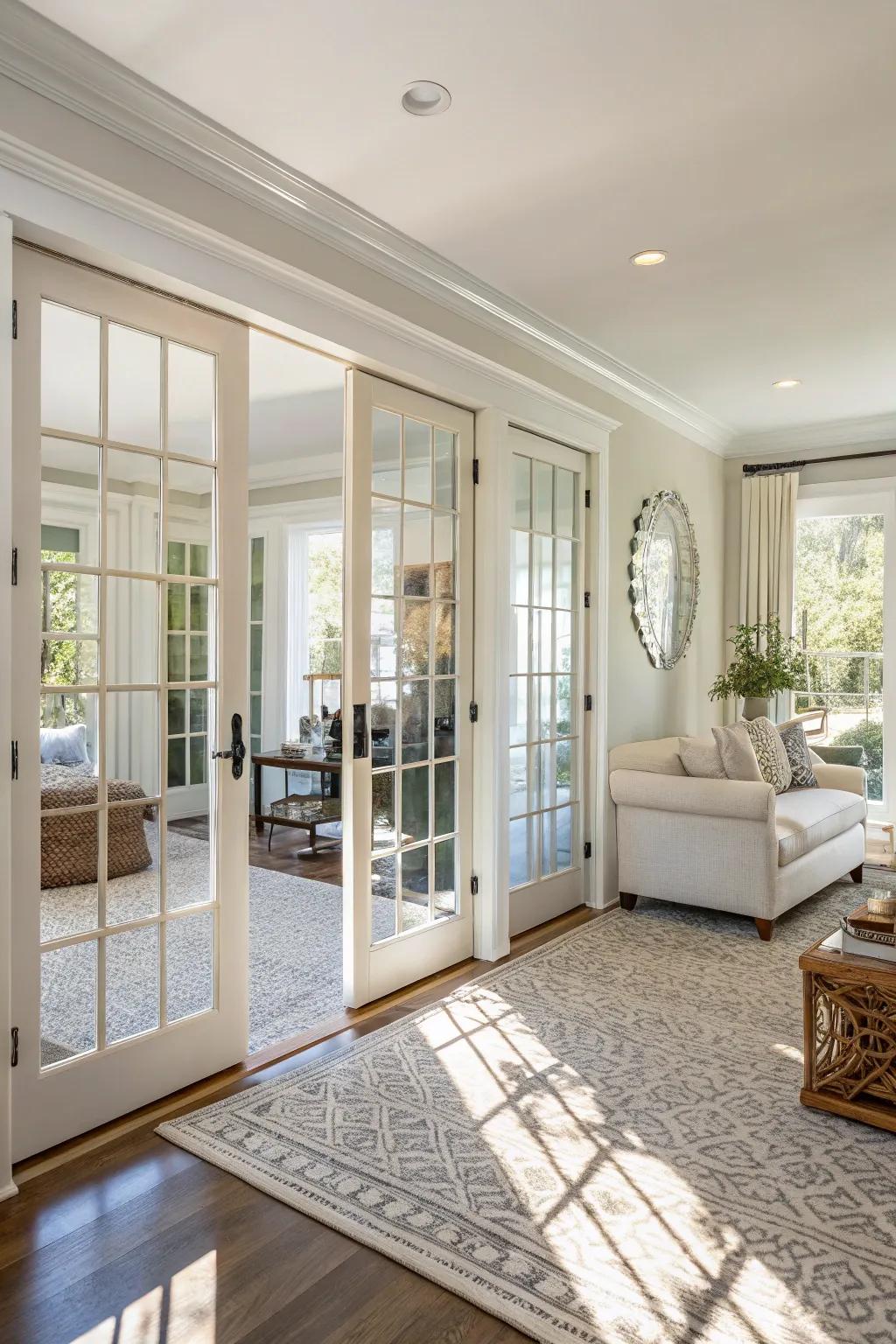 Mirrored doors enhance light and space.