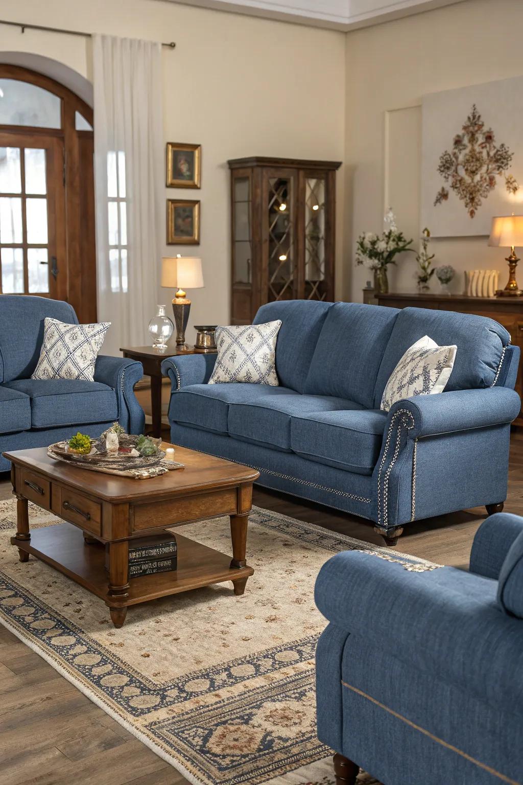 Symmetrical furniture arrangement complements a denim blue sofa.