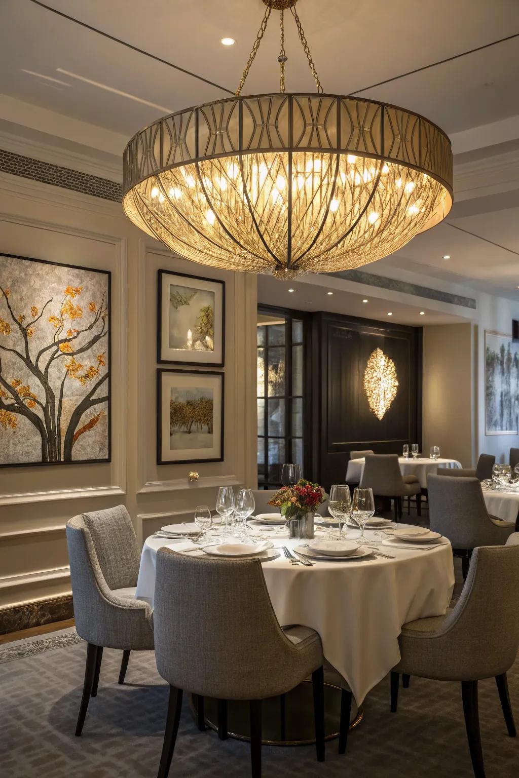 A sculptural fixture provides a stunning focal point in this dining room.