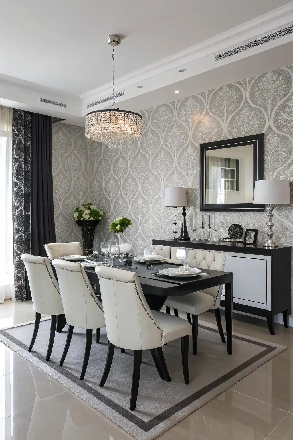 Monochrome wallpaper brings sleek sophistication to this minimalist dining room.